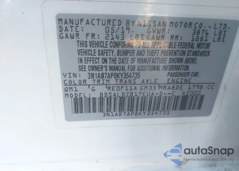 2019 Nissan Sentra Sv z USA, uszkodzony, nr VIN 3N1AB7AP8KY354735